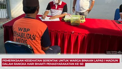 Pemeriksaan Kesehatan Serentak untuk Warga Binaan Lapas I Madiun dalam Rangka Hari Bhakti Pemasyarakatan ke-60