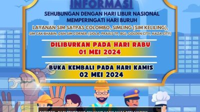 Sehubungan dengan Hari Buruh Nasional Tanggal 1 Mei 2024, Satpas Colombo Surabaya Liburkan Pelayanan SIM